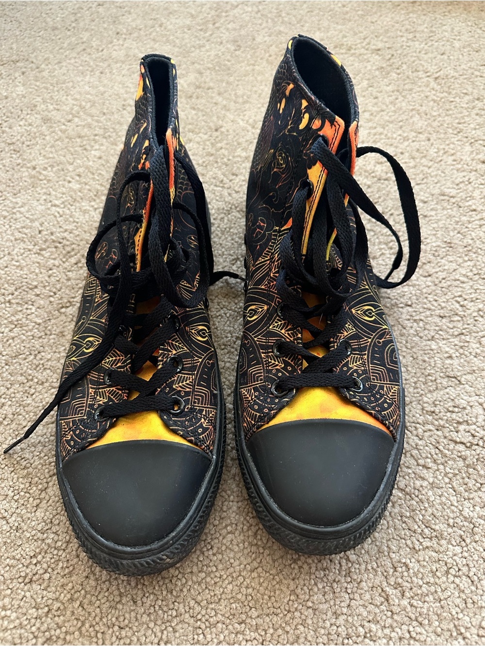 Men's High-Top Lace-Up Sneakers in Black and Orange Pattern